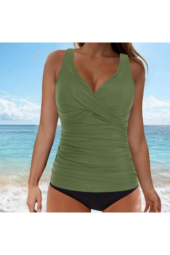 Modest Womens Tankini Bathing Suits Separate Tankinis V-Neck Green Solid Two-Piece Sets Swimsuit for Girls XL