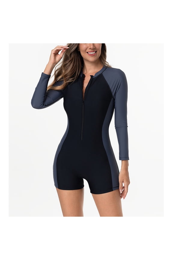 One-Piece Girls Swimsuit Tummy Control Padded High Waist Swimwear Color Block Long Sleeve Athletic Bathing Suit Gray XS