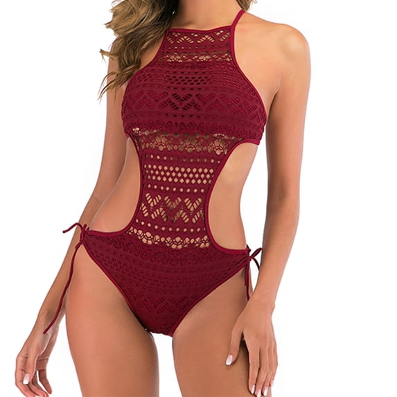 Ayolanni One-Piece Swim Suits for Women 2026 Push-Up Tummy Control Sheer Crochet Mesh Swimwear Solid Waist Cutout Backless Boho Halter Bathing Suit Red S