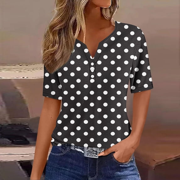 Ayolanni Outerwear Basic Tops for Women V-Neck Polka Dot Short Sleeve Blouse Oversized Vacation Button Down T-Shirt L