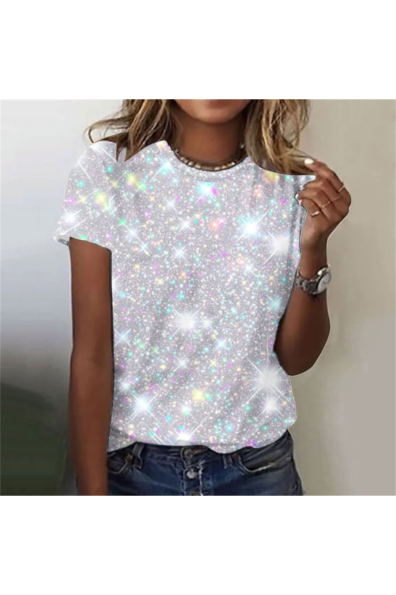 Outerwear Shirts for Women Crew Neck Sequin Short Sleeve T-Shirts Plus Size Streetwear Tees Womens Summer Tops