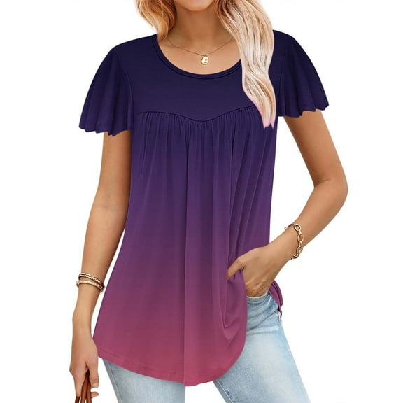 Ayolanni Oversized Womens Tops for Work Purple Short Sleeve Crew Neck Ombre T-Shirts Ladies Shirts XL