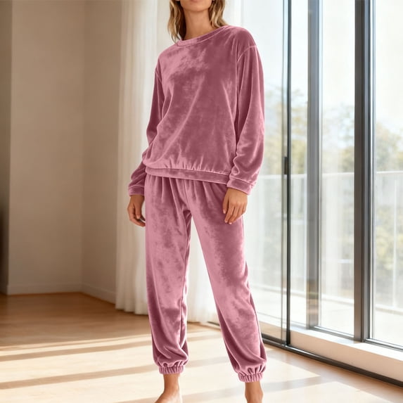 Ayolanni Pajama Sets for Women 2 Piece Pink Plus Size Fleece Pajamas Fall Winter Thick Sleepwear Long Sleeve Shirts and Jogger Pants Sets Comfy Lounge Sets S-2XL