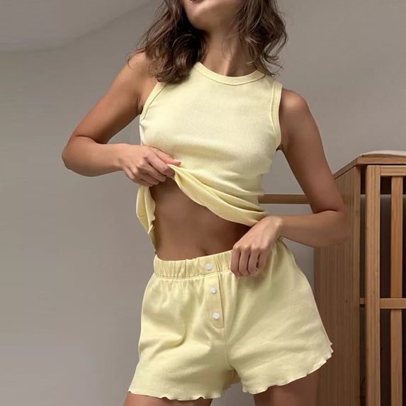 Ayolanni Pajamas Set for Women Soft 2 Piece Sleeveless Tank Tops and Shorts Pjs Comfy Ruffle Solid Loungewear Sleepwear Sets XL