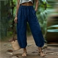 thumbnail image 1 of Ayolanni Pants for Women Solid Straight High Waist Lightweight Jogger Pants Cropped Casual Cotton Linen Blue Drawstring Trousers with Pockets L, 1 of 6