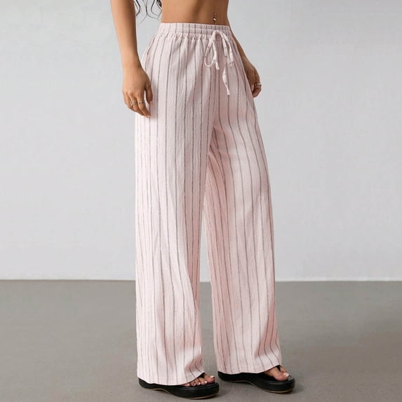 Ayolanni Pants for Women Striped Slacks Boho Wide Leg Pants Drawstring High Waist Petite Flowy Pink Palazzo Pants with Pockets S