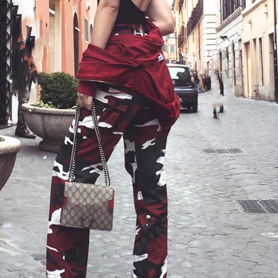 Ayolanni Pants for Women jogging Hiking Color Block Jogger Pants Camo Athletic High Waist Red Pants with Pockets L