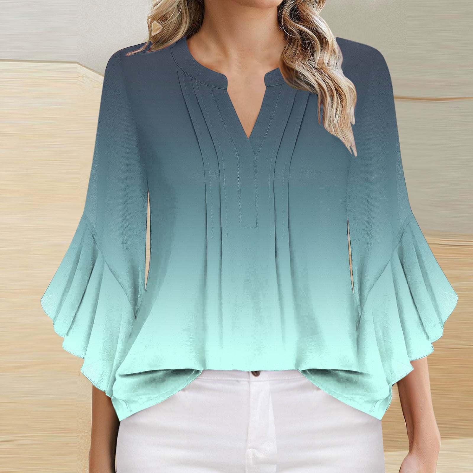 Ayolanni Peplum Blouses for Women Gradient Color V-Neck 3/4 Sleeve ...