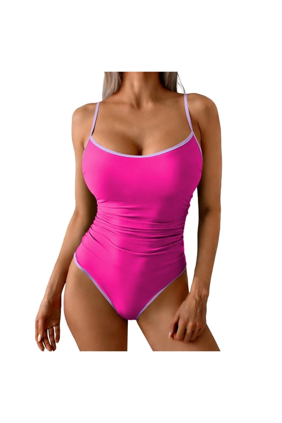 Pink Swimsuits for Women Casual Seamless Plus Size Colorblock Pleated Summer Bathing Suit for Women Over 60 M