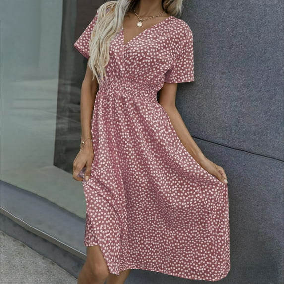 Ayolanni Pink Vacation Dresses for Women V-Neck Floral Print Short Sleeve Maxi Dresses Teen Girl Dresses L