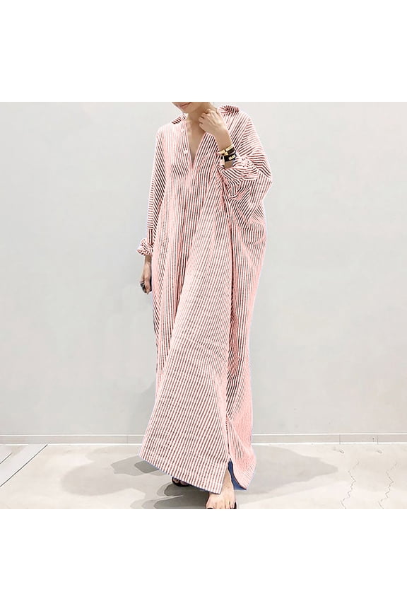 Pink Women Dresses Plus Size Party Ankle-Length Long Sleeve Solid Shirt Dresses Junior Dresses L