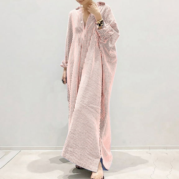 Ayolanni Pink Women Dresses Plus Size Party Ankle-Length Long Sleeve Solid Shirt Dresses Junior Dresses L