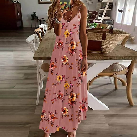 Ayolanni Pink Womens Dresses Casual V-Neck Vacation Sleeveless Floral Print Maxi Dresses Teen Girl Dresses L