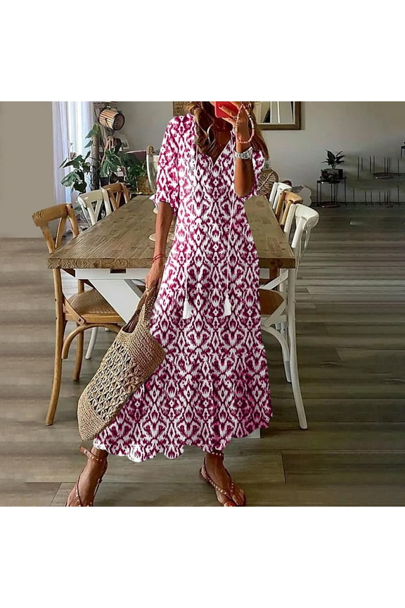 Pink Womens Holiday Dresses Boho Ankle-Length V-Neck Short Sleeve Vacation Dresses Ladies Dresses L