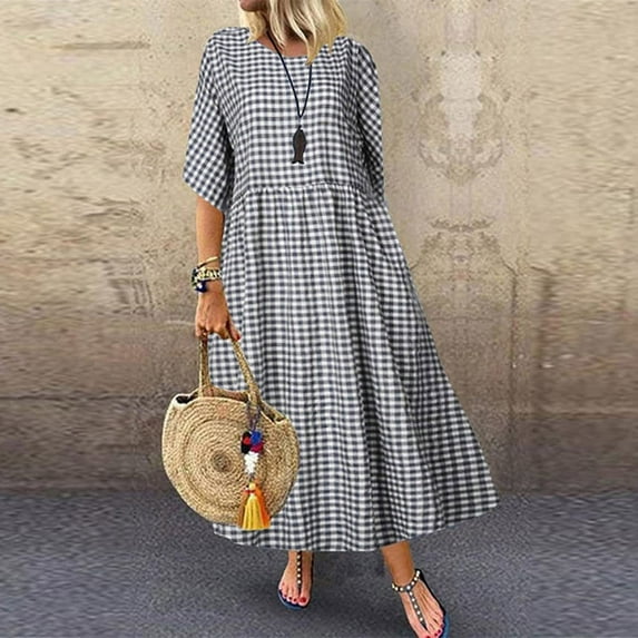 Ayolanni Plaid Wear To Work Dresses for Women Black Short Sleeve Midi Dresses Girl Dresses L