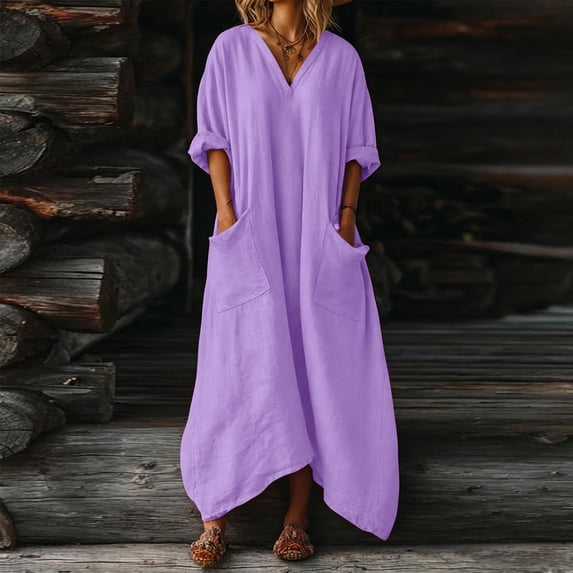 Ayolanni Pleated Fall Dresses V-Neck Solid 3/4 Sleeve Cotton Linen Long A-Line Dress Casual Holiday Lightweight Sundress with Pockets Purple M