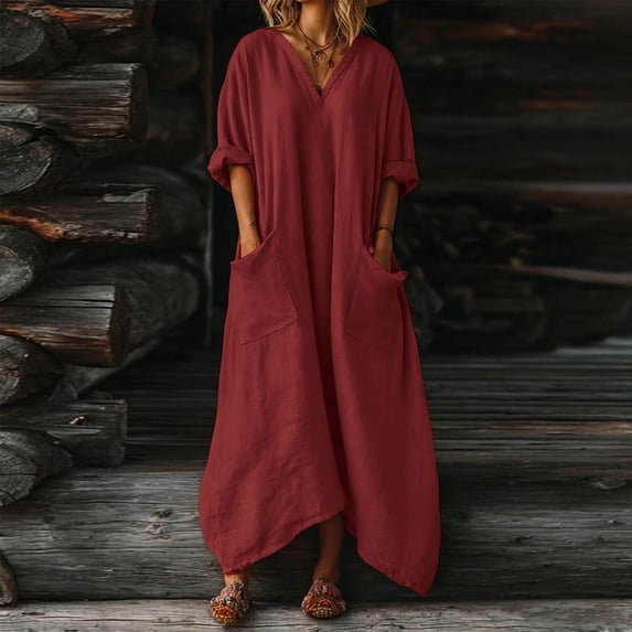 Ayolanni Pleated Fall Outfits for Women V-Neck Cotton Linen Solid 3/4 Sleeve Long A-Line Dress Lightweight Holiday Casual Sundress with Pockets Red XL
