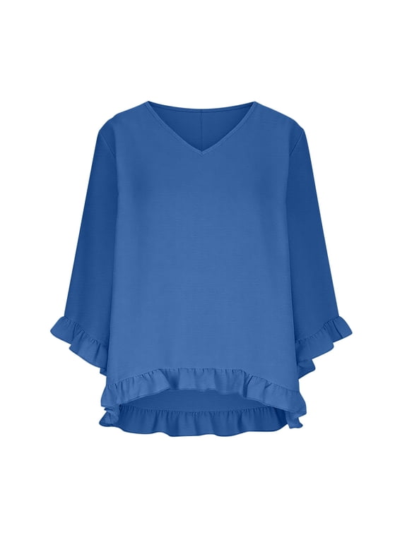 Pleated Shirts for Women Dressy Collarless V-Neck 3/4 Sleeve Solid Blouse Plus Size Flutter Peplum Tees Womens Spring Tops Blue XL