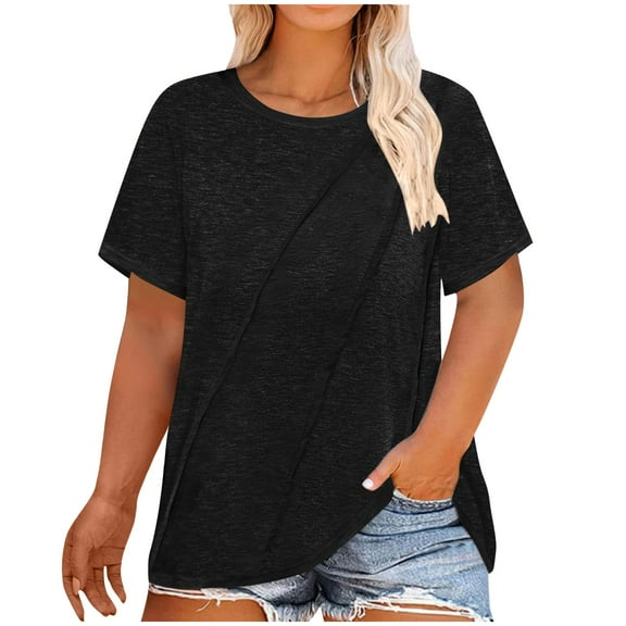 Ayolanni Pleated Tunic for Women Cotton Black Plus Size Short Sleeve Crew Neck Solid T-Shirts Teens Shirts 5x