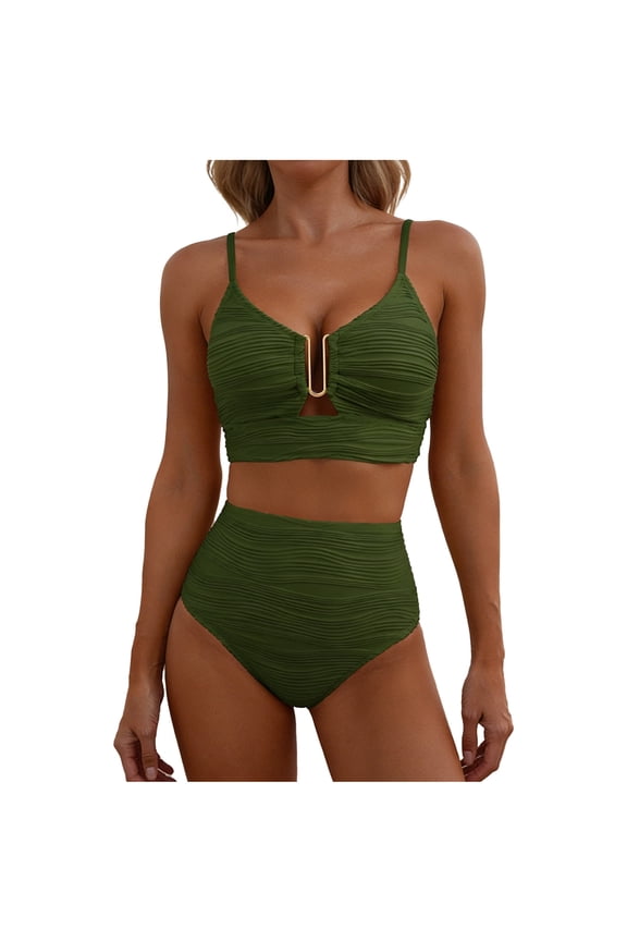 Plunge Swim Suits for Women Green Ruched Two Piece High Waisted Cutout Beachwear Bathing Suit for Women L