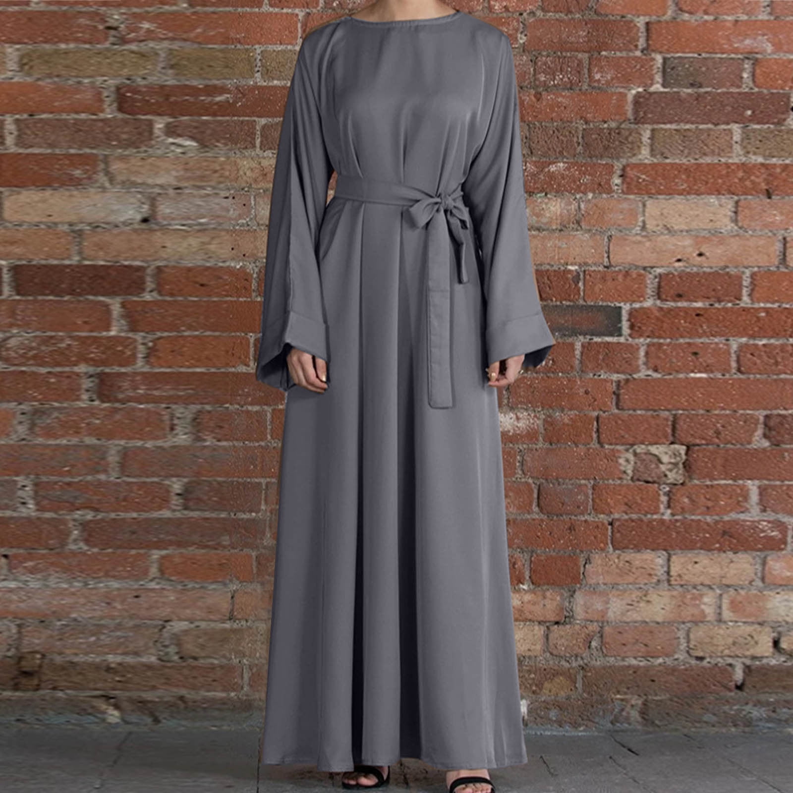 Ayolanni Plus Size Dresses for Curvy Women Gray Long Sleeve Solid Maxi Dresses Work Party