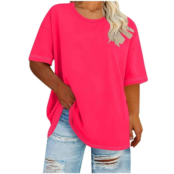 Ayolanni Plus Size Ladies Tops Hot Pink Casual Sheer Short Sleeve Summer Crewneck Comfy Tshirts Blouse for Women XL