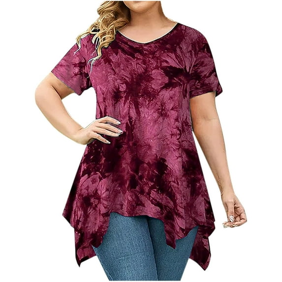 Ayolanni Plus Size Summer Tops for Women Red Short Sleeve V-Neck Irregular Tie Dye Blouses Shirts for Girls 2x