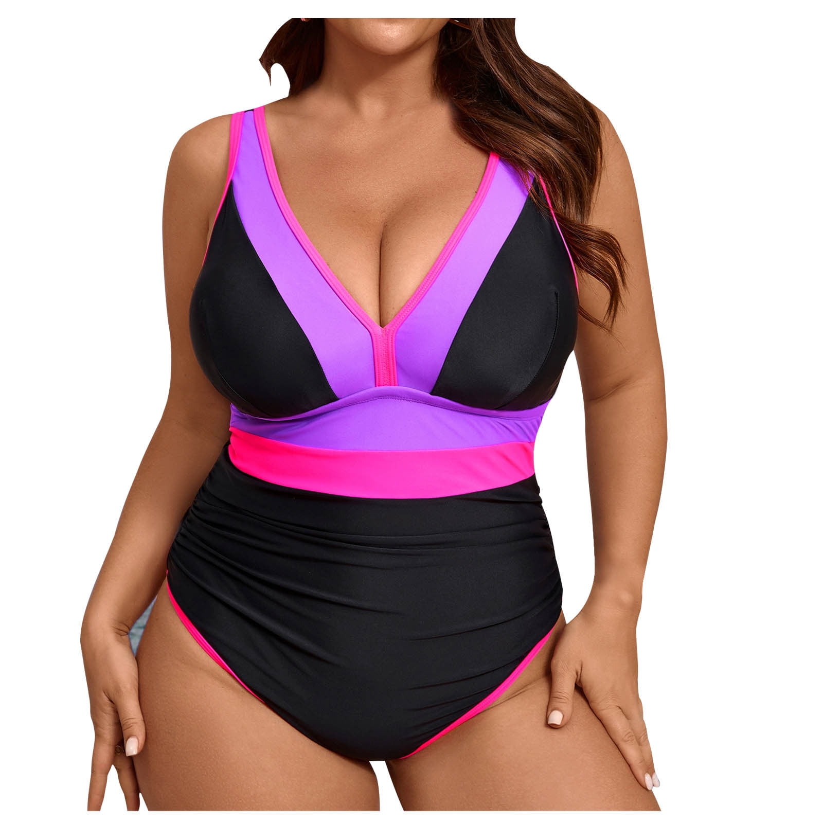 Ayolanni Plus Size Swim Suits for Women Tummy Control Neon Pink Colorblock High Cut Swimwear Swimsuit Tops for Women L