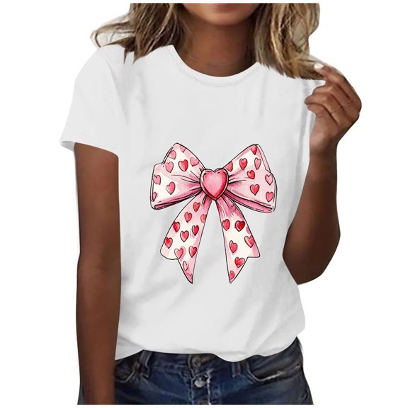 Ayolanni Plus Size Womans Tops Cute Short Sleeve White Valentines Tops Light Weight Heart Tshirts Womens Tshirts XXL