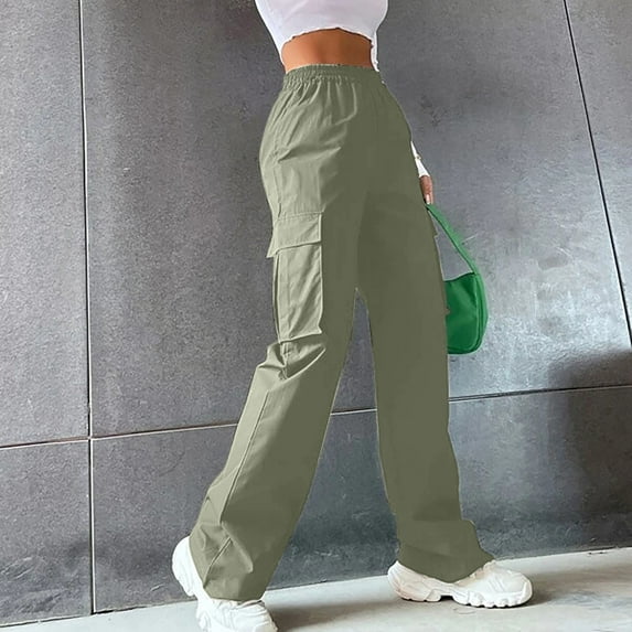 Ayolanni Plus Size Women Pants Cargo Elastic Waist Green Straight Leg Travel Sweatpants Ladies Pants with Pockets M