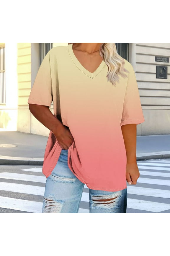 Plus Size Women Tops Sale Orange V-Neck Short Sleeve Ombre T-Shirts Shirts for Girls 4x