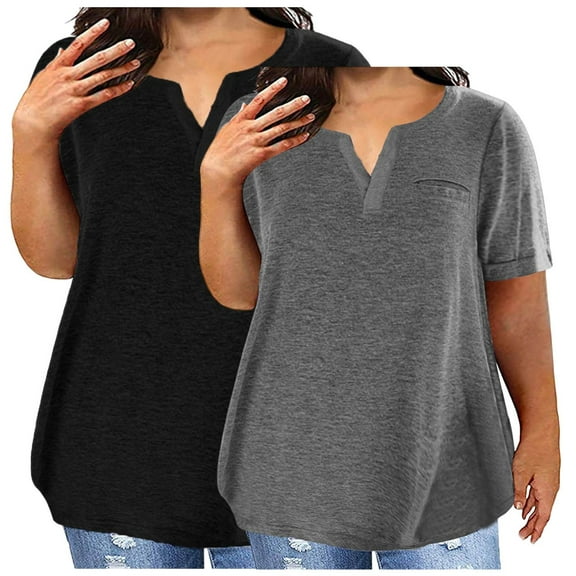 Ayolanni Plus Size Women's Tops Cotton Short Sleeve Black V-Neck Pullover Solid T-Shirts Womens Tshirts 2x