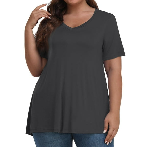 Ayolanni Plus Size Women's Tops V-Neck Short Sleeve Gray Solid T-Shirts Ladies Tops and Blouses 5x