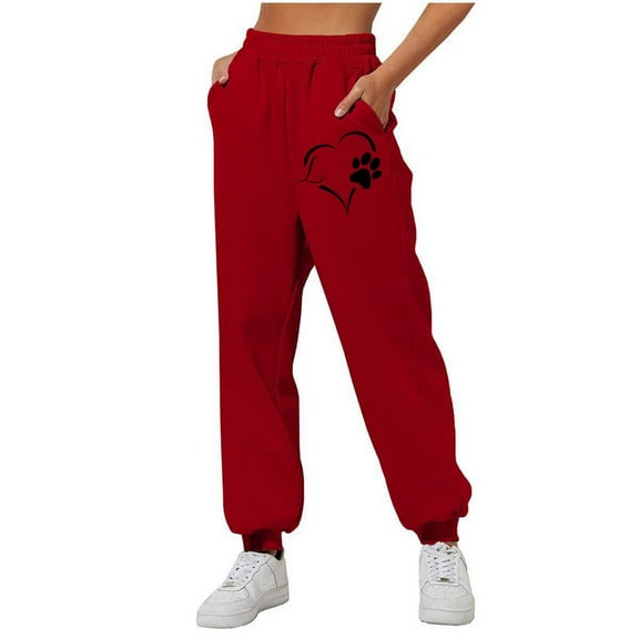 Ayolanni Plus Size Womens Pants In Store Taper Red High Dog Paw Elastic Waist Pants Scrub Joggers for Women
