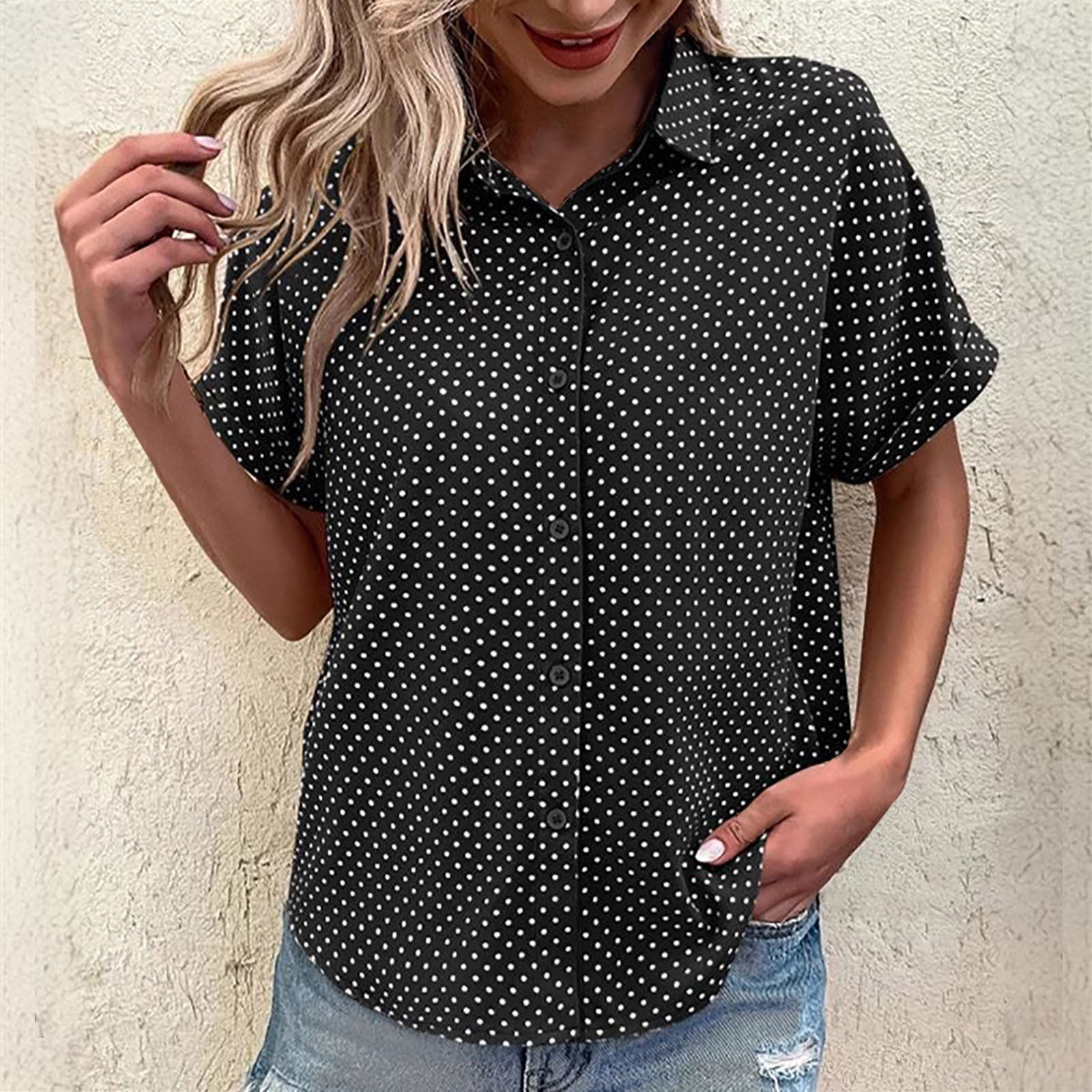 Ayolanni Polka Dot Basic Tees for Workout Short Sleeve Workwear V-Neck ...