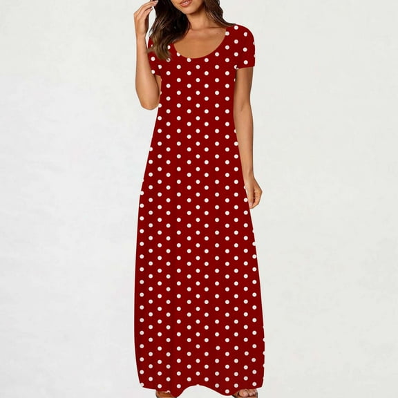 Ayolanni Polka Dot Dresses for Women Plus Size Elegant Red Loose Ankle-Length Short Sleeve Dresses Dresses for Girls 5x