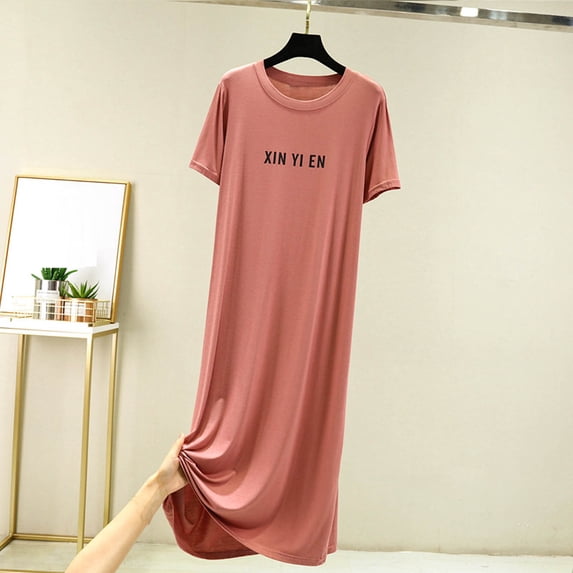 Ayolanni Printed Nightgowns for Women Casual Comfy Short Sleeve Night Shirts Long Sleep Shirts Pink Sleepwear XL