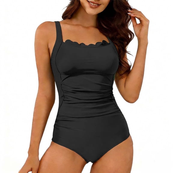 Ayolanni Push up Womens Swimsuits Black Tummy Control One Piece Full Coverage Ruffle Swimwear Swim Shirts for Women S