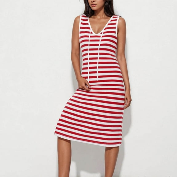 Ayolanni Red Party Dresses for Women 2025 Striped V-Neck Sleeveless Midi Dresses Casual Dresses for Girls M