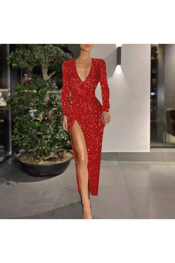 Red Sun Dresses for Women Sequin V-Neck Bodycon Evening Gown Long Sleeve Maxi Dresses Junior Dresses 3x