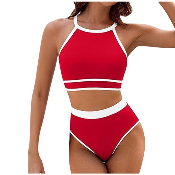 Ayolanni Red Swimwear for Women Modest Halter Separates Solid Swimsuit Sets Swimwear for Ladies XL