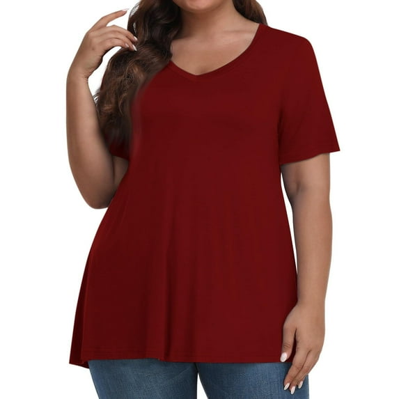 Ayolanni Red Womens Basic Tops Short Sleeve V-Neck Plus Size Solid T-Shirts Ladies Blouses 4x