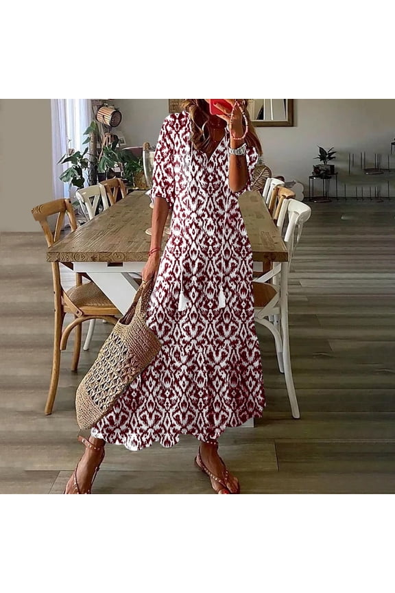 Red Work Dresses for Women 2025 Boho V-Neck Ankle-Length Short Sleeve Vacation Dresses Ladies Dresses 2x