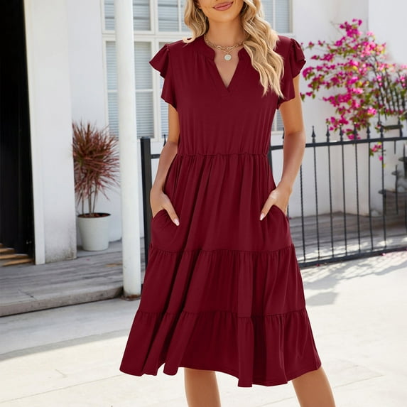 Ayolanni Red Work Dresses for Women 2025 V-Neck Solid Flutter Short Sleeve Midi Dresses Girls Holiday Dresses XL