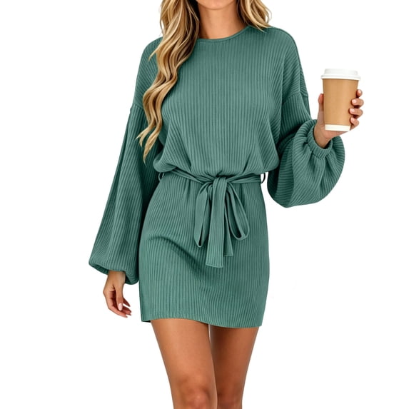 Ayolanni Ribbed Knit Dresses for Women 2026 Tie Waist Long Sleeve Crew Neck Solid Midi A-Line Dress Workout Casual Party Sundress Green L