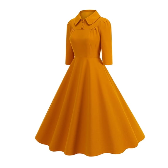 Ayolanni Round Neck Fall Dresses for Women 3/4 Sleeve Wedding Guest A-Line Maxi Dresses Babydoll Pretty Solid Party Long Dress Yellow S