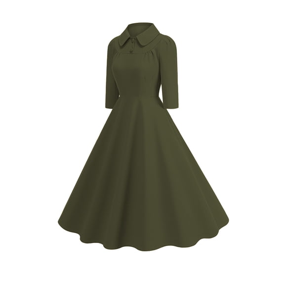 Ayolanni Round Neck Women's Fall Dress Wedding Guest 3/4 Sleeve A-Line Maxi Dresses Party Babydoll Solid Pretty Long Dress Green L