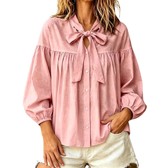 Ayolanni Ruched 2026 Spring Outfits 3/4 Sleeve Scoop Neck Cotton Linen Solid Blouse Button Down Tie Front Puff Ladies T-Shirt Tops for Women 2026 Pink S