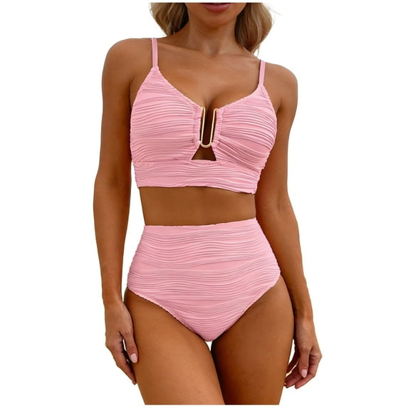 Ayolanni Ruched Swim Suits for Women Pink Plunge Two Piece Cutout High Waisted Beachwear Women Bathing Suits XXL