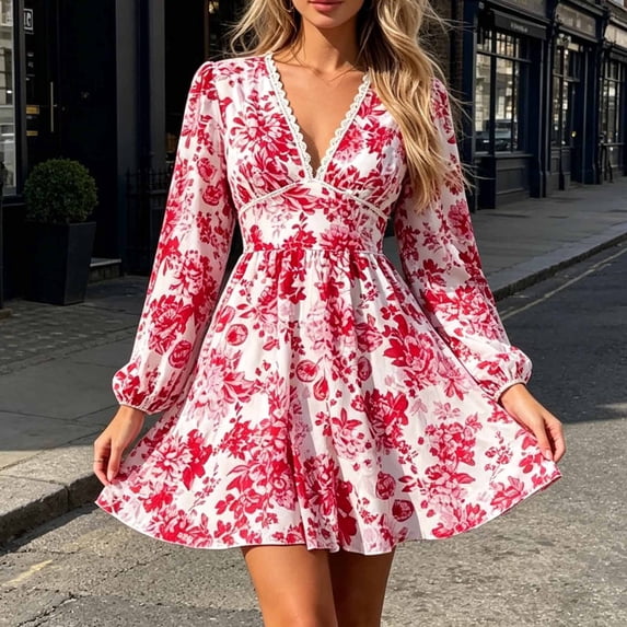 Ayolanni Ruffle Dresses for Women 2026 Lace Trim V-Neck Long Sleeve Floral Midi A-Line Dress Party Beach Boho Sundress Red S